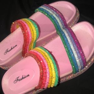 Rainbow sandals comfortable and cute.